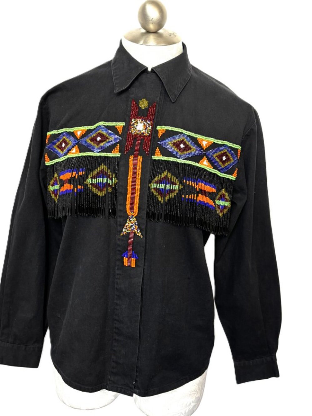 * VTG LEW MAGRAM Western Aztec Beaded Fringe Cowgirl LS Shirt Size 4